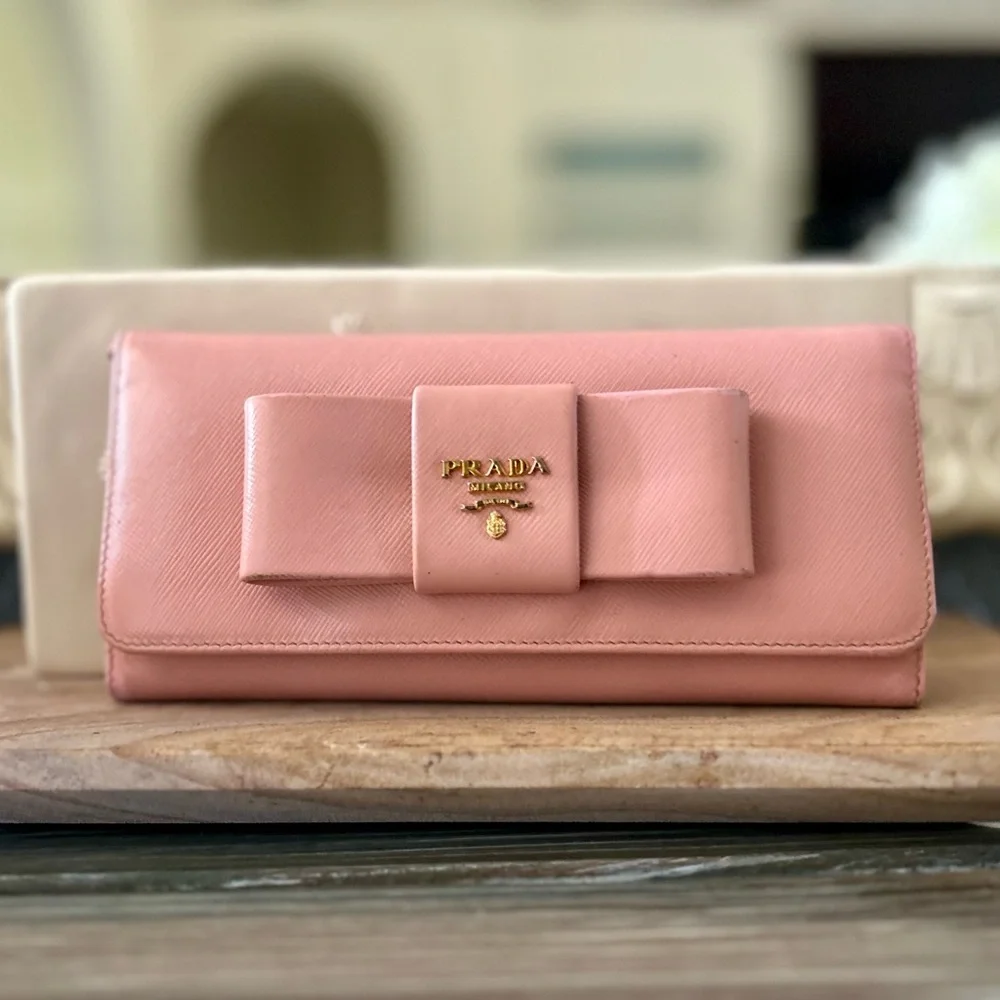 Pink Prada Saffiano leather long wallet flap closure with bow